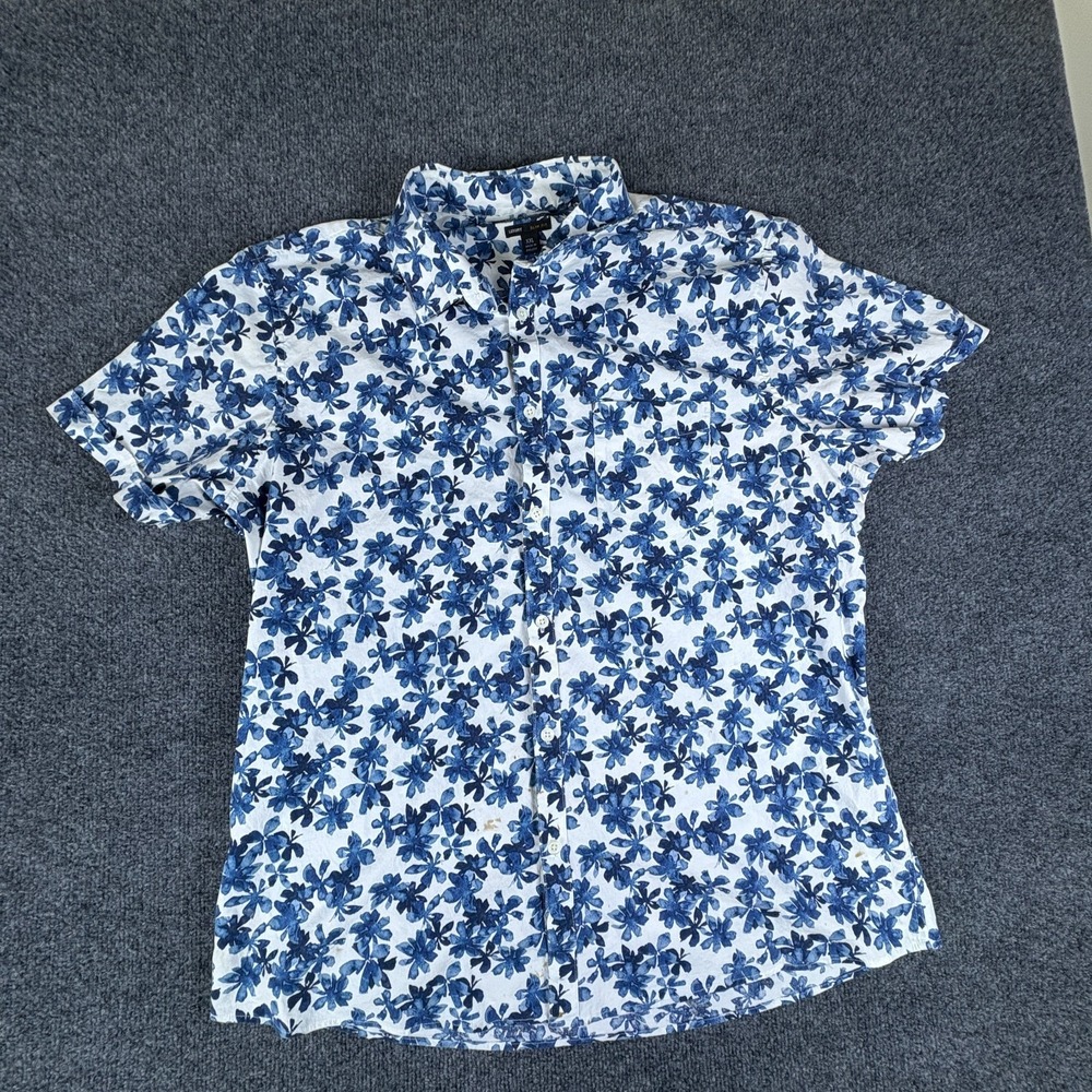 Marc Anthony Luxury Shirt Mens 2XL White Blue Floral Cotton Slim Fit Button Up